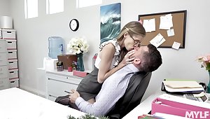 Skinny long legged nerdy secretary rides and sucks strong cock in the office